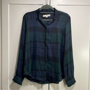 Loft Plaid Tartan Ruffle Button Down Shirt Navy Blue Dark Green Black